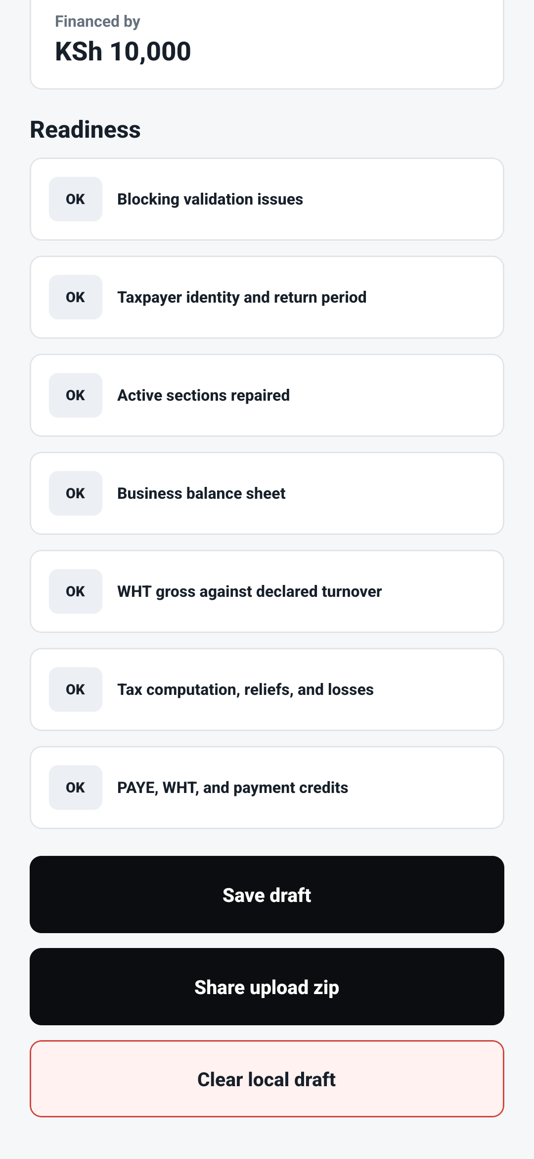 Kenya Tax Return Builder export and review actions