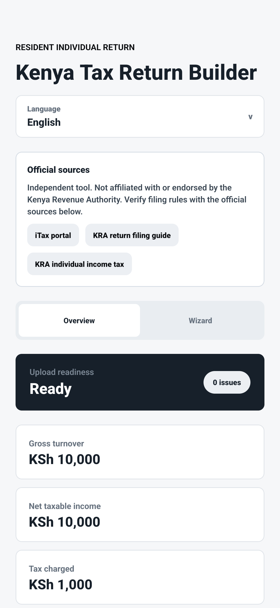 Kenya Tax Return Builder overview screen