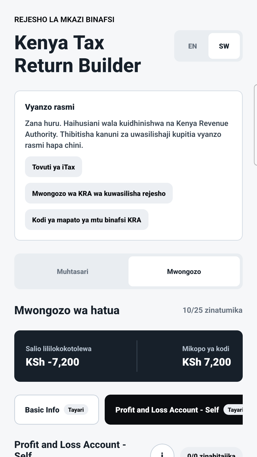 Kiswahili language mode in Kenya Tax Return Builder